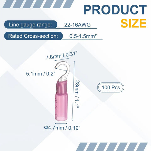 Bulletproof Heat Shrink Hook Terminal Connectors For Car And Home Wiring 100 Pack Red Insulated PE sleeve 28mm long crimp splices.