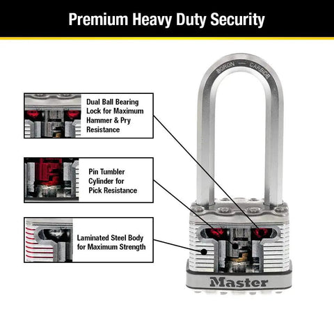 Diagram of Built Tough Heavy Duty Outdoor Padlock with key features: dual armor, boron carbide shackle, laminated steel body.