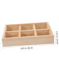 Six Compartment Wood Jewelry Tray With Multi Grid Layout For Rings And Bracelets Rustic Countertop Trinket Dish shown from side view, with dimensions 7.87in x 1.37in.