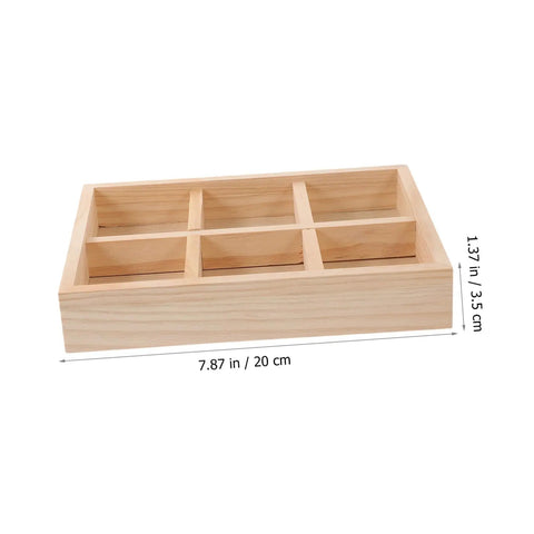 Six Compartment Wood Jewelry Tray With Multi Grid Layout For Rings And Bracelets Rustic Countertop Trinket Dish shown from side view, with dimensions 7.87in x 1.37in.