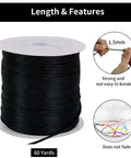 Black Nylon Satin Cord 1.5mm Roll For Jewelry Making Beading Bracelets Necklaces Macrame Kumihimo Rattail Trim Cord Bulk 60 Yards Durable Satin String For Crafting shown with spool and details