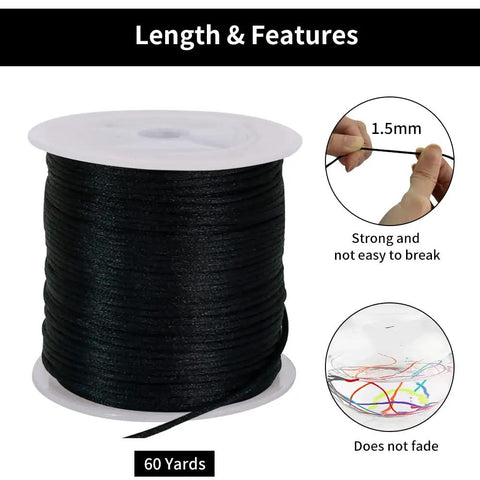 Black Nylon Satin Cord 1.5mm Roll For Jewelry Making Beading Bracelets Necklaces Macrame Kumihimo Rattail Trim Cord Bulk 60 Yards Durable Satin String For Crafting shown with spool and details