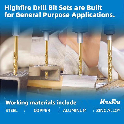 HighFire 22-piece hex shank drill bit set with titanium-coated HSS bits for metal, front view