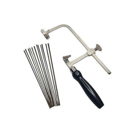 German Style Jeweler's Saw Frame With 144 Assorted Blades Adjustable Tension Great For Woodworking Jewelry Making Crafting And Hobby Projects Provides Versatile Cutting For Small Details And Fine Artwork showing metal frame and black handle