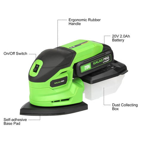 Badass 20V Cordless Detail Sander With 2 Amp Hour Battery And Twenty Sanding Discs showing ergonomic handle and dust collecting box.