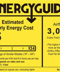 ENERGYGUIDE label showing estimated yearly energy cost of $5 for a fan, airflow of 3,014 CFM, and energy use of 19 watts.