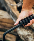 Close-up of cool-touch spiral handle on Adjustable Swivel Grill Grate For Open Fire Cooking With Spike Pole Steel Mesh Wire Grate