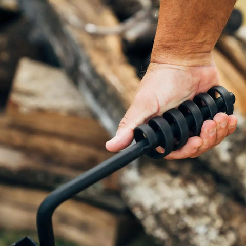 Close-up of cool-touch spiral handle on Adjustable Swivel Grill Grate For Open Fire Cooking With Spike Pole Steel Mesh Wire Grate