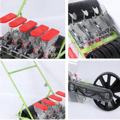 Metal Precision Garden Push Seeder With Five Row Capacity Walk Behind Cultivator And Seed Spreader For Even Sowing Of Coriander Cabbage Radish And More User Friendly No Fuss For Seniors And Women Great For Terraces And Hillsides showing multiple angles and components.