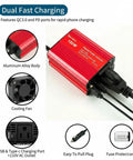 150 Watt Power Inverter Transforms 12V Dc To 110V Ac With Cigarette Lighter Plug And Dual Usb Charging Ports shown with aluminum alloy body.