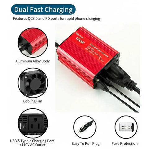 150 Watt Power Inverter Transforms 12V Dc To 110V Ac With Cigarette Lighter Plug And Dual Usb Charging Ports shown with aluminum alloy body.