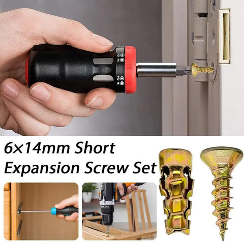 Close-up of hand using a screwdriver with 6x14mm Short Expansion Screws for cabinet hinge repair in wood panel.