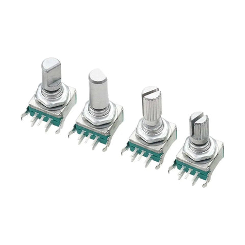 Right Angle EC11 360 Degree Rotary Encoder With Switch And Digital Potentiometer For Audio Control Pro Grade Dope 15mm And 20mm Options 5PIN Button Encoding Knob Full Axis 20mm Pack Of Three, showing front view of four encoders.