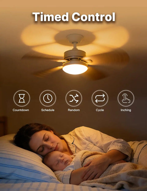 Woman and child sleeping under ceiling fan with Star Ring Smart Ceiling Fan Control And Dimmer Switch, 2.4GHz WiFi Smart Switch