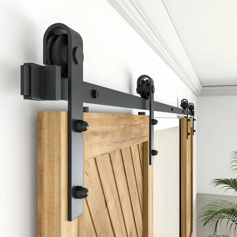 6Ft Barn Door Hardware Kit Double Sliding Door System Black Carbon Steel Heavy Duty Track Rail J Shape Side Mounted Easy