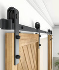 6.6Ft Black Barn Door Hardware Kit For Double Sliding Doors, Carbon Steel Heavy Duty Track System With J-Shape Hangers installed