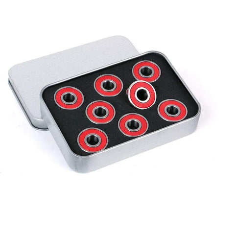 Full Steel 608 Bearings Pre Lubricated For Skateboards Longboards Inline Skates Scooters Pack Of 8 in open metal case on white background