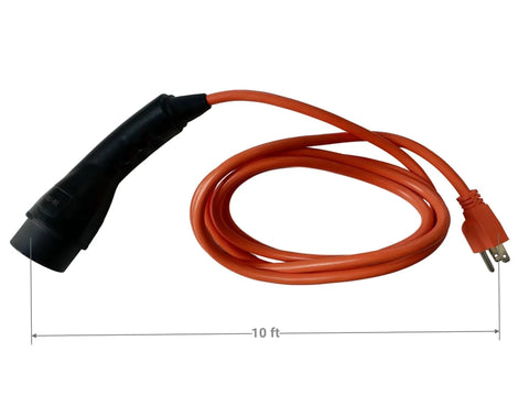 Top Shelf Ev Golf Cart Charger Cable 10 Feet Long 16 Amp 120V Plug with orange cord and black connector for easy charging.