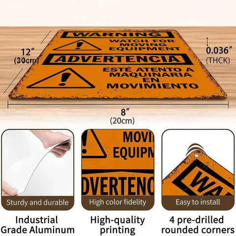 12 By 8 Inch Aluminum Warning Sign For Moving Equipment with pre-drilled holes, showing durability and clear warning text
