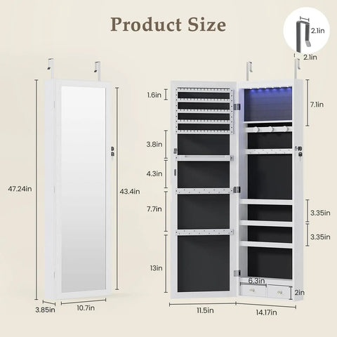 6 LED Lighted Mirror Jewelry Cabinet With Wall Or Door Mount, Tall 47.2 Inch Lockable Jewelry Organizer dimensions and features