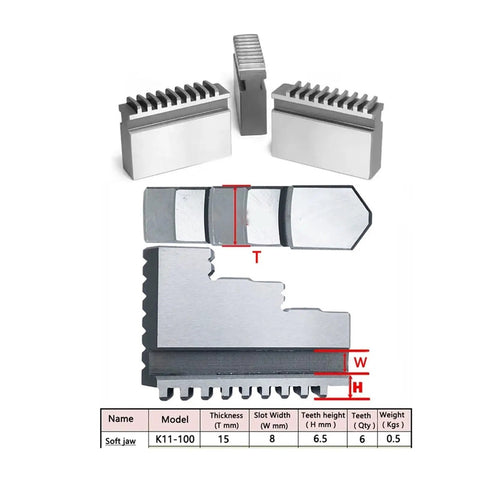 Go-To Pro Grade Soft Jaw Set For Lathe Chuck With Internal And External Jaws 3 Jaw Fits 80mm And 100mm Chucks K11 100 Soft Jaw Replacement Kit shown with dimensions and details