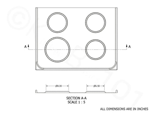 Technical diagram of Made In USA Chrome Drip Pan Set For Electric Ranges Four Pack Includes Two Six Inch And Two Eight Inch Pans