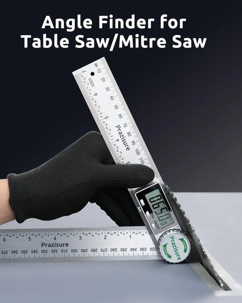 Pro Level Digital Angle Finder Protractor With Roomy Screen For Woodworking And Diy Hustles Featuring Sick Aluminum Build measuring angle on a ruler.