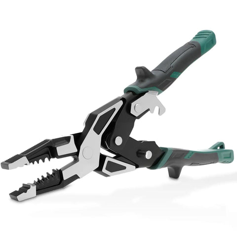 Solid Grip Multifunctional Wire Stripper And Crimper Pliers with black and green handle for cable cutting and bending.
