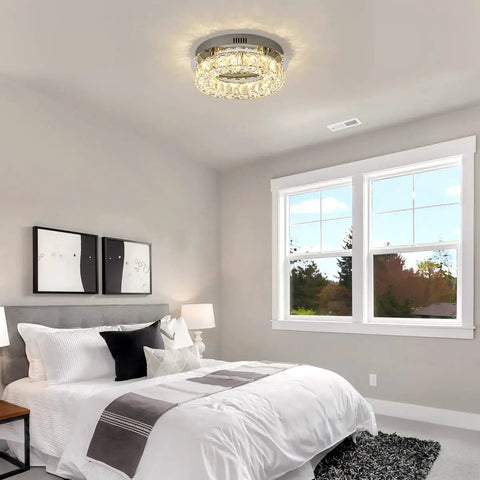 Bedroom with Dope Modern Crystal Ceiling Light With Dimmable LED Flush Mount 12 Inch Chrome Industrial Chandelier installed.
