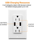 USB Electrical Wall Outlet With Visible LED Indicator And Tamper Resistant Build For Home Office Featuring Rapid Charge Ports And White Face Plate showing 2 USB ports and 2 outlets.