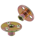 Built Tight 1/4 Inch Round Base T Nuts With Screws Heavy Duty Steel Brad Hole Hardware For Wood Furniture And DIY Work No Sweat Install Knockout Quality Real Deal 12 Piece Kit showing steel T nuts with a round base and threaded insert.