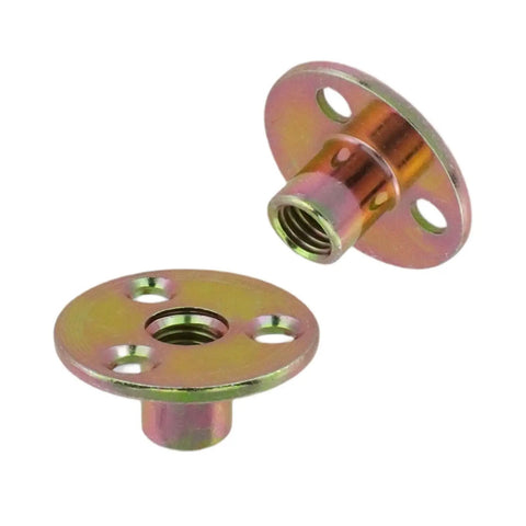 Built Tight 1/4 Inch Round Base T Nuts With Screws Heavy Duty Steel Brad Hole Hardware For Wood Furniture And DIY Work No Sweat Install Knockout Quality Real Deal 12 Piece Kit showing steel T nuts with a round base and threaded insert.