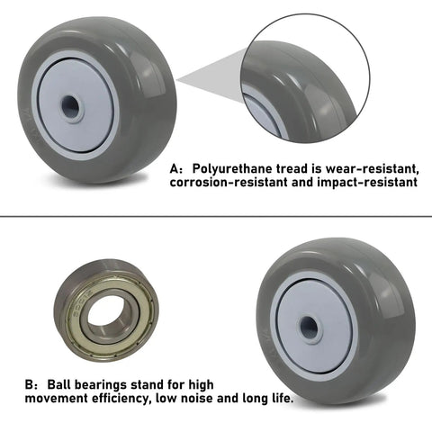 Heavy Duty 3 Inch Polyurethane Caster Wheels Set Of 4 Bringing Smooth Rolling Ease To Furniture Carts, showcasing detailed wheel and ball bearing.
