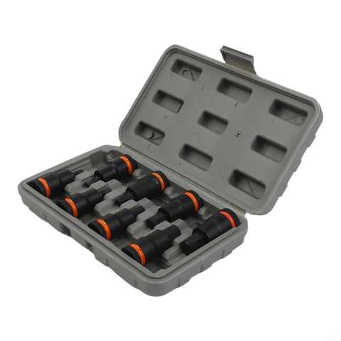 Tough Chrome Vanadium Steel Hex Socket Adapter Kit For Impact Drivers Fits H4 Through H17 Sizes With 8 Pieces Ready To Rock In Any Workshop Job Without Stripping Or Breaking Under Heavy Torque. 8-piece case view