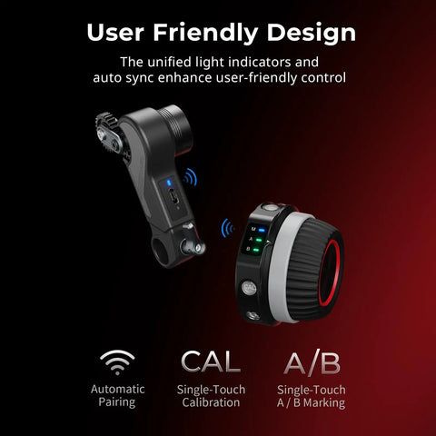 Wireless Follow Focus Kit Lite With Dope Handwheel Controller And Receiver Motor, AB Stops, 15mm Rod Clamp, Slick Compact Design, Wide Lens Compatibility For Cinema And Zoom Lenses, High Damping And Low Latency For Smooth Video Filmmaking showing handwheel and motor