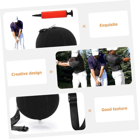 Portable Inflatable Golf Swing Trainer Posture Aid For Beginners with included pump, showing usage and detail views.