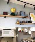 Heavy Duty Floating Shelf Brackets For Wall Mount, Rock Solid Iron Corner Supports, Matte Black Metal Corner Braces, Dead Simple Installation, 30 Cm Size, Holds Weight Like A Champ, 2 Pack supporting wooden shelves with decorative items in a modern interior.