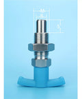 Heavy Duty Stainless Steel T Handle Indexing Plunger Precision Self Locking Locating Pin With Return Spring Rock Solid Grip For Woodworking Jigs And Fixtures M20 front view with measurements on blue background.