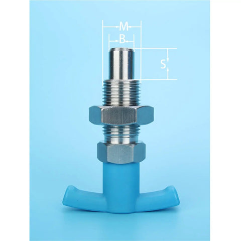 Heavy Duty Stainless Steel T Handle Indexing Plunger Precision Self Locking Locating Pin With Return Spring Rock Solid Grip For Woodworking Jigs And Fixtures M20 front view with measurements on blue background.
