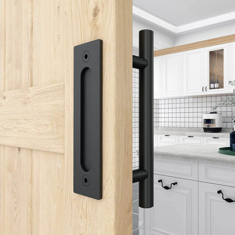 12 Inch Sliding Barn Door Handles Hardware With Flush Finger Pull, Double Sided Design, installed on wooden door near kitchen