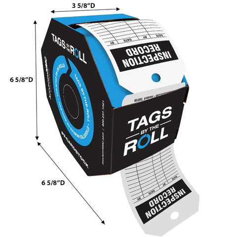 Flat Out Dependable Inspection And Status Record Tags By The Roll Including A Portable Octagon Dispenser showing roll dimensions and inspection record form.