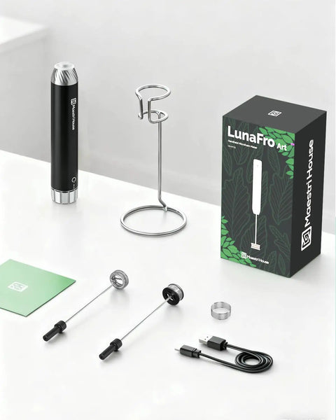 LunaFro Art Rechargeable Handheld Milk Frother With No Steam Wand Stepless Speed Control Silicone Dot Pad IPX6 Waterproof Barista Grade Microfoam For Latte Art At Home Quick Foam For Lattes And Flat Whites, shown with accessories and packaging.