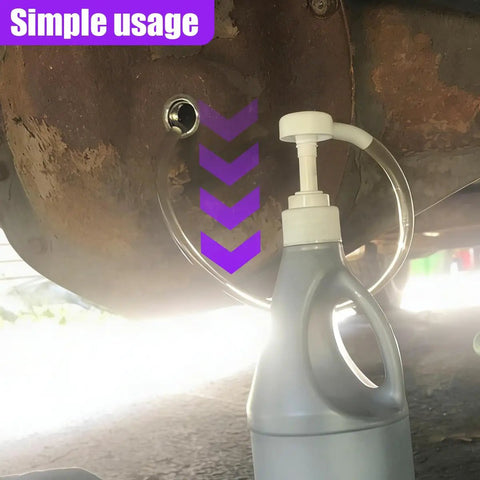 No Sweat Hand Pump For Standard Quart Bottles With Dual Suction Tubes And 28 Millimeter Caps, used under a vehicle for fluid transfer.