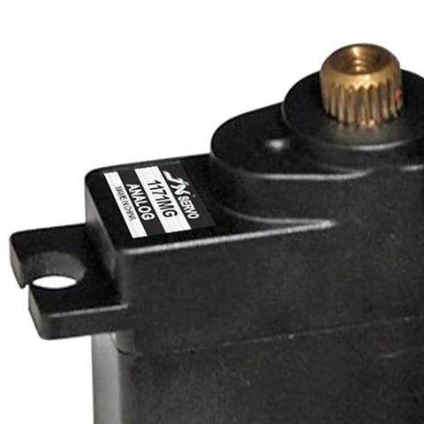 Beat The Clock Analog Servo Coreless Micro Servo Kit Featuring Double Ball Bearing Rock Solid Torque And Lightning Fast Response For Rc Cars Boats Robots And Planes Black close-up showing servo motor detail and metal gear.