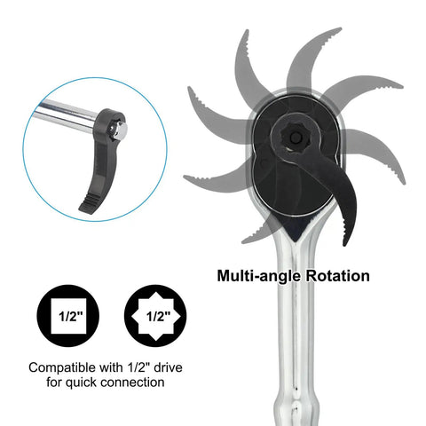 Three Piece Pry Bar Wrench Adapter Set For One Half Inch Drive showing multi-angle rotation feature and compatibility with 1/2" drive.