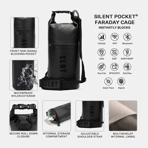 Faraday Signal Blocking Dry Bag 5 Liter, Waterproof Construction, blocking pocket, roll-down closure, and strap details.