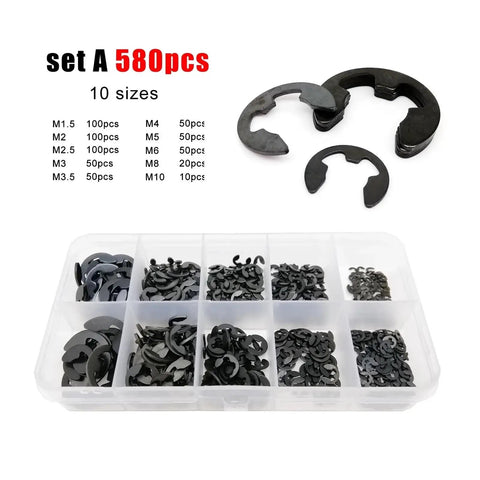External Retaining Ring Kit 580 Pcs And 1000 Pcs Set Black Carbon Steel Circlips For Shafts M1.2 To M15 15 Sizes Great For Bearings Gears Pulleys And Axles Includes Set B 1000pcs with black carbon steel circlips in 10 compartments.