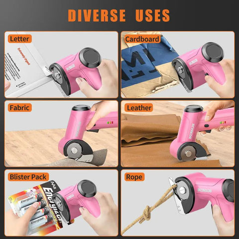 Heavy Duty Cordless Electric Scissors With Three Razor Blades, Rechargeable Power Pack, Badassly Snips Through Cardboard Fabric Leather And Carpet Without Breaking A Sweat For Weekend Warriors. Diverse uses including cutting letters, cardboard, fabric, leather, blister packs, and rope.