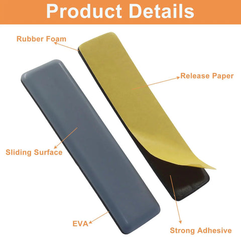 Close-up of 1x4 Inch Rectangular Adhesive Furniture Sliders With PTFE Glides 16 Pack Floor Protectors showing layers and material details.