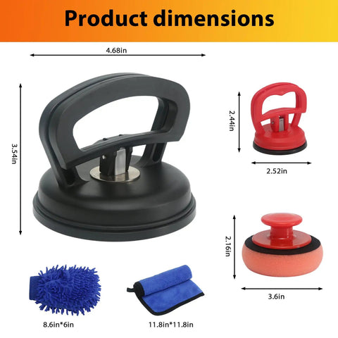 Orange Suction Cup Dent Puller Kit For Car Body Repair With Dent Remover Tool And Two Small Dent Repair Tools Includes Microfiber Wash Mitt For Hail Damage And Easy Auto Body Dent Fix, dimensions shown